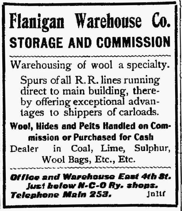 Flanigan Warehouse ad, 1902